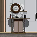 Elegant Modern Console Table Design With Circular Mirror Green Plant And Decorative Items 3d model