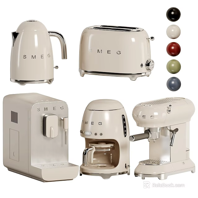 SMEG Cream Kitchen Appliances Including Kettle Toaster And Coffee Maker With Colorful Accents 3d model 