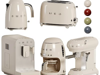 SMEG Cream Kitchen Appliances Including Kettle Toaster And Coffee Maker With Colorful Accents 3d model