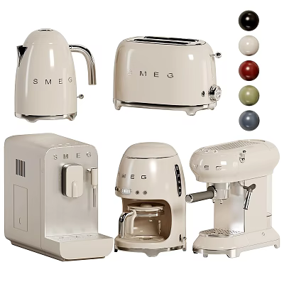 SMEG Cream Kitchen Appliances Including Kettle Toaster And Coffee Maker With Colorful Accents 3d model