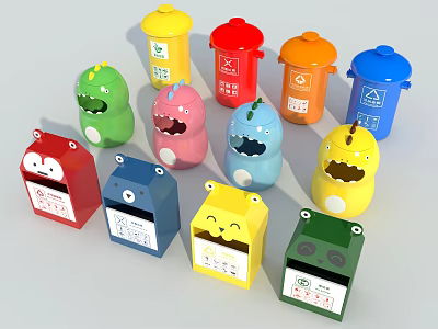 Colorful Cartoon Shaped Public Waste Bins And Recycling Containers For Sorted Waste 3d model