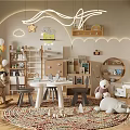 Kids Room Interior With Rocking Horse Round Rug White Table Chairs And Hanging Lights