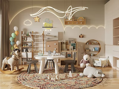 Kids Room Interior With Rocking Horse Round Rug White Table Chairs And Hanging Lights 3d model