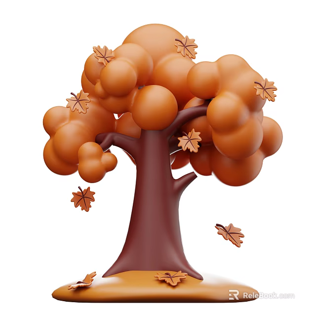 Autumn Arbor With Orange Round Foliage Falling Leaves And Brown Trunk 3d model 