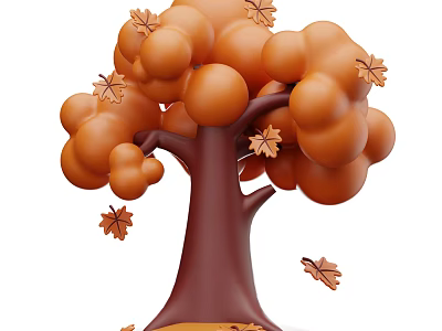 Autumn Arbor With Orange Round Foliage Falling Leaves And Brown Trunk 3d model