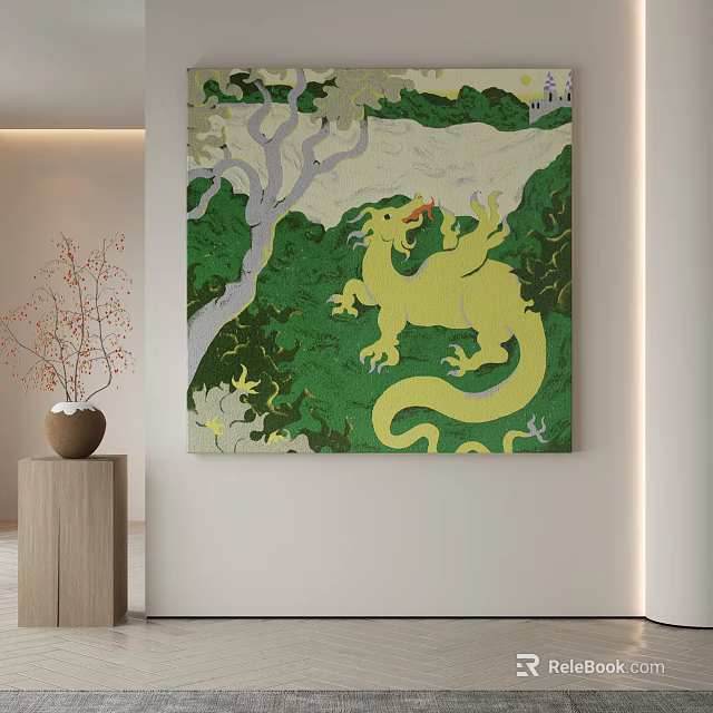 Abstract Painting Featuring Yellow Dragon On Green Background With Tree Elements 3d model