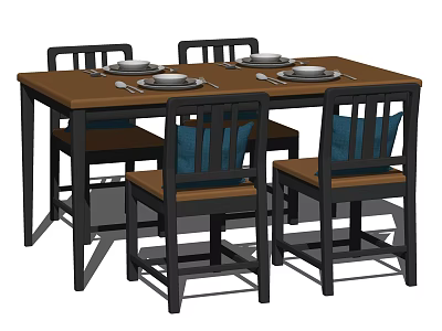 Dining Table Set with Wooden Top Black Legs Four Chairs Blue Cushions and Tableware 3d model