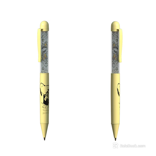 Yellow Pens With Transparent Section And Cute Cartoon Character Design 3d model 