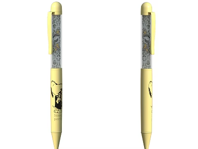 Yellow Pens With Transparent Section And Cute Cartoon Character Design 3d model