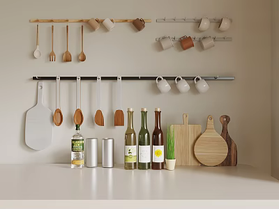 Organized Kitchen Utensils With Hanging Wooden Spoons Spatulas Mugs Cutting Boards Wine Bottles And Plant 3d model
