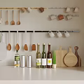 Organized Kitchen Utensils With Hanging Wooden Spoons Spatulas Mugs Cutting Boards Wine Bottles And Plant