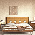 Double Bed With Yellow Upholstered Headboard Wooden Slat Mattress Nightstand Lamp Desk Mirror Decor