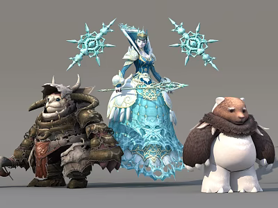 Ice Themed Female Character Armored Horned Creature And Brown Bear Like Game Characters 3d model