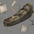 Traditional Wooden Ship Model With Wooden Deck Sails And Scattered Components