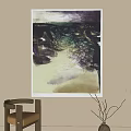 Abstract Painting With Purple Green Beige Tones On Wall With Sunlight Shadows And Wooden Chair