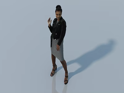 Woman in Black Leather Jacket Gray Skirt Waving Hand on Light Background 3d model