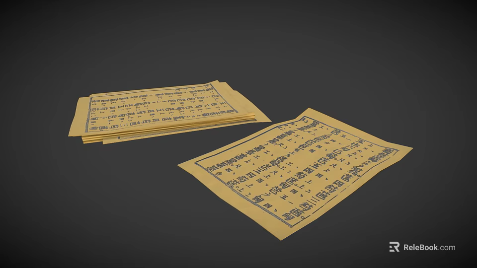 Ancient Yellow Paper Sheets with Traditional Chinese Characters Stacked on Dark Background 3d model 