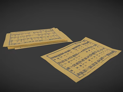 Ancient Yellow Paper Sheets with Traditional Chinese Characters Stacked on Dark Background 3d model