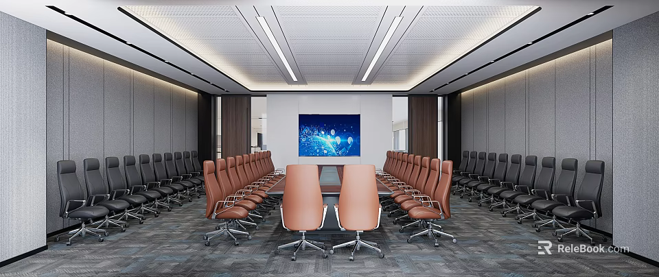 Modern Conference Room Interior With Long Meeting Table Brown Leather Chairs And Large Digital Screen 3d model 