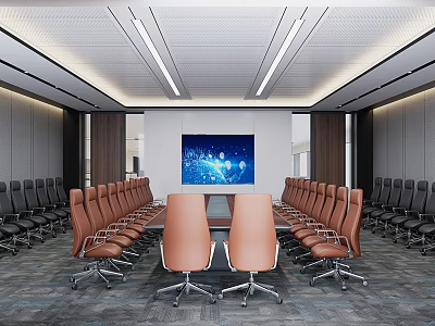 Modern Conference Room Interior With Long Meeting Table Brown Leather Chairs And Large Digital Screen 3d model