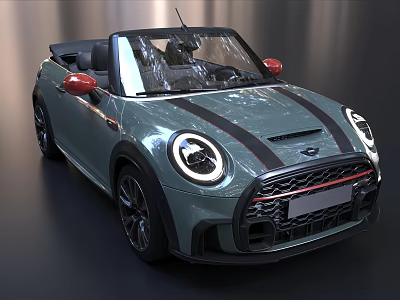 Green MINI Cooper Convertible With Red Side Mirrors Black Hood Stripes And Round Headlights 3d model