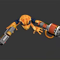 Orange Lizard Character Holding Saw Gun And Cannon With Blue Jacket Open Mouth