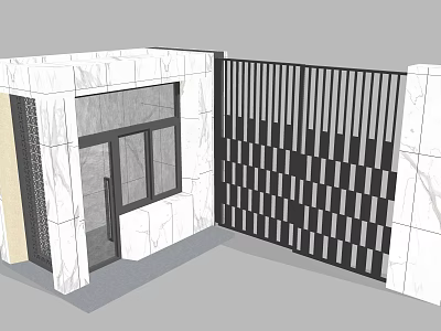 Modern Guard Booth Design With Marble Walls Black Slatted Fence Glass Door And Windows 3d model