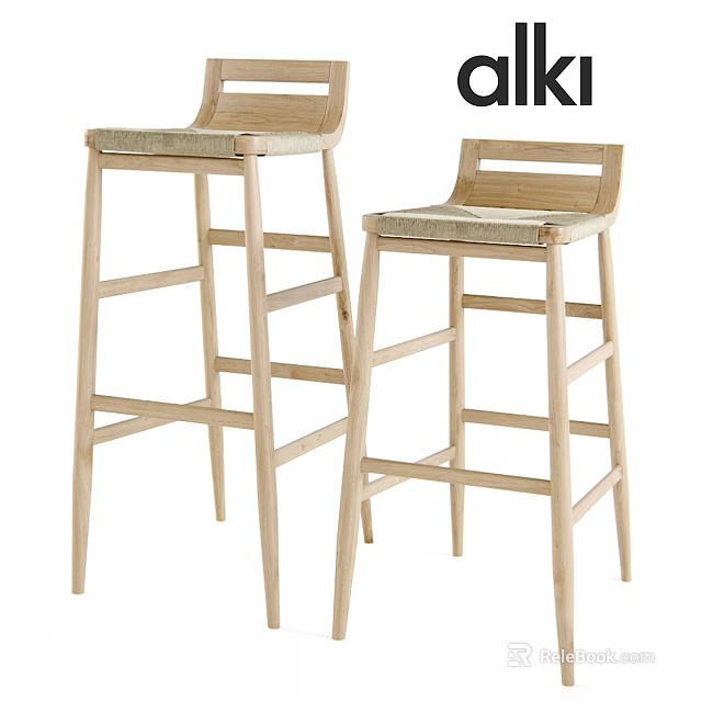 Light Natural Wooden Bar Stools With Woven Seats And Slatted Back Design 3d model 