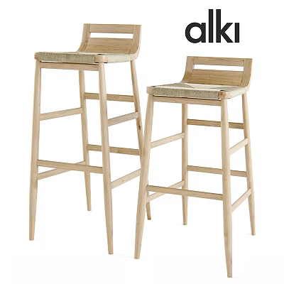 Light Natural Wooden Bar Stools With Woven Seats And Slatted Back Design 3d model