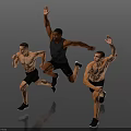 Three Men Exercising Jumping And Running In Sport Shorts And Sneakers On Gray Background