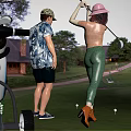 Two People Playing Golf On Course With Cart And Balls 3d model
