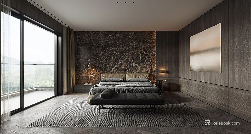 Modern Bedroom Interior With Dark Marble Accent Wall Wooden Walls Bed Bench And Scenic View 3d model 