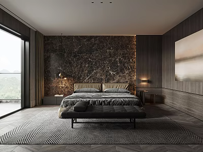 Modern Bedroom Interior With Dark Marble Accent Wall Wooden Walls Bed Bench And Scenic View 3d model