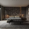 Modern Bedroom Interior With Dark Marble Accent Wall Wooden Walls Bed Bench And Scenic View