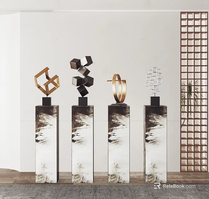 Geometric Metal Sculptures On Decorative Pedestals With Chinese Lattice Background 3d model 