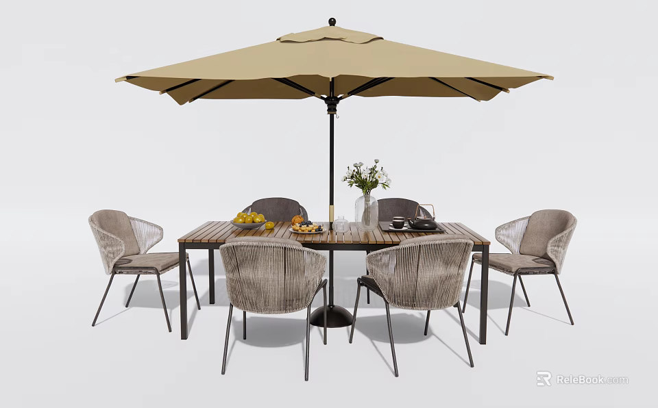 Modern Outdoor Table with Chairs and Umbrella Featuring Vase and Fruits on Top 3d model 