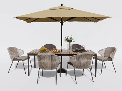 Modern Outdoor Table with Chairs and Umbrella Featuring Vase and Fruits on Top 3d model