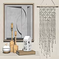 Ornamental Decorative Set With Geometric Wall Art Macramé Hanging And Gold Candle Holders