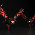 Two Black Flying Creatures With Red Wings And Glowing Eyes On Dark Background