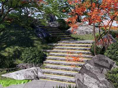 Garden Landscape Featuring Stone Steps Red Leaf Trees Rocks Green Plants And Grass 3d model