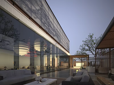 Elegant Modern Clubhouse Exterior Design With Glass Curtain Wall Outdoor Seating And Landscaping 3d model