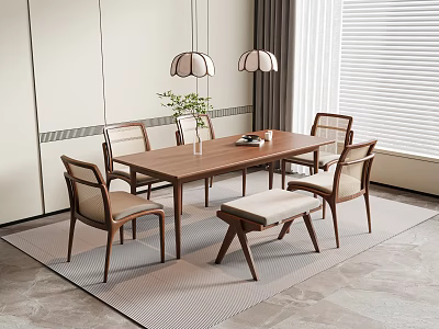 Modern Wooden Dining Table Set With Chairs And Bench In Bright Dining Space 3d model