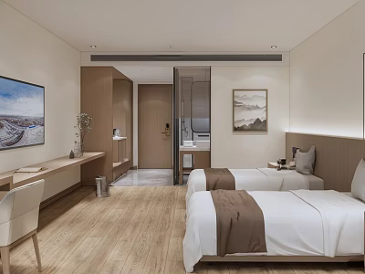 Modern Minimalist Hotel Guest Room With Twin Beds Wooden Elements TV And Writing Desk 3d model