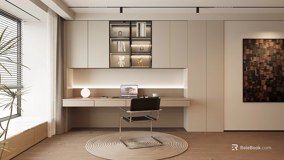 Modern Bookcase Interior Design With Integrated Desk Open Shelves And Lighting 3d model 