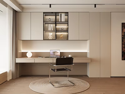 Modern Bookcase Interior Design With Integrated Desk Open Shelves And Lighting 3d model