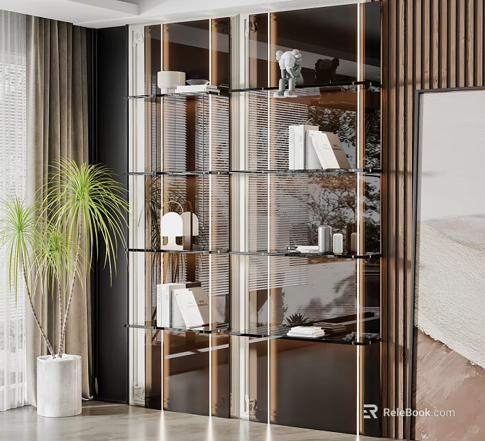 Modern Glass and Metal Shelf Unit with Books Ornaments and Indoor Plant in Room 3d model 