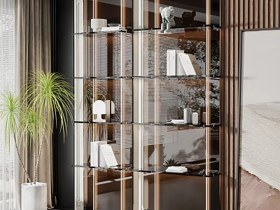 Modern Glass and Metal Shelf Unit with Books Ornaments and Indoor Plant in Room 3d model