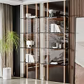 Modern Glass and Metal Shelf Unit with Books Ornaments and Indoor Plant in Room