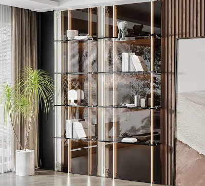 Modern Glass and Metal Shelf Unit with Books Ornaments and Indoor Plant in Room 3d model