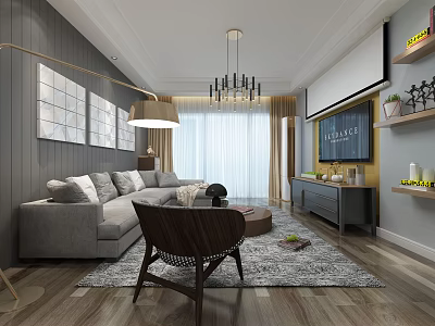 Modern Living Room Interior With Gray Sofa Brown Chair And Chandelier 3d model